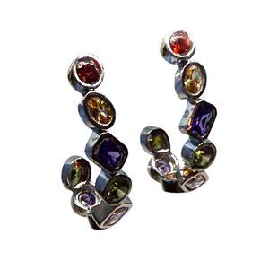 Multi Color Crystal Silver Toned Curved Hoop Earrings